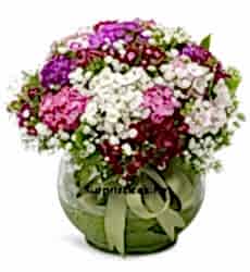 Cam Fanusta Renkli Bahar Çiçekleri Aranjmanı