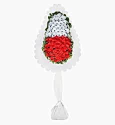 Kırmızı ve beyaz yapay gerbera ile hazırlanmış tek katlı açılış ve düğün çelengi.