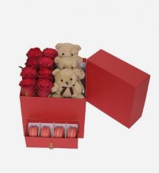 Butik Kırmızı Gül, Mini Ayıcık ve Makaron Kutusu | Sürpriz Çiçek