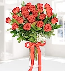 21 Kırmızı Gül Vazosu Silindir vazo içerisinde kırmızı gül ve cipsofilyalar ile hazırlanmıştır.