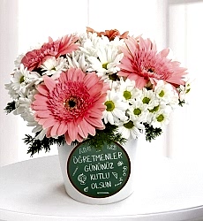 Öğretmenler Günü Mesajlı Gerbera ve Papatya