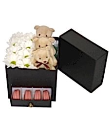 White Daisies, Teddy Bear & Macarons in a Square Heart Box”