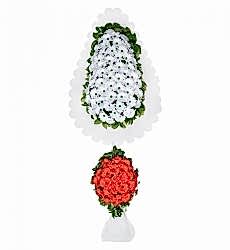 Beyaz ve kırmızı yapay gerberalar ile hazırlanmış çift katlı ayaklı açılış, nikah ve düğün çelengi.