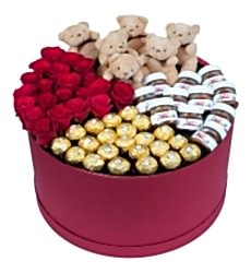 Tatlı Aşk Kutusu – Kırmızı Gül, Ferrero Rocher, Mini Ayıcık ve Nutella