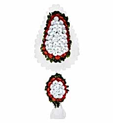 Beyaz ve kırmızı yapay gerberalar ile hazırlanmış çift katlı nikah, açılış ve düğün çiçeği.