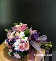 Mor Pembe Beyaz Canlı Gelin Buketi